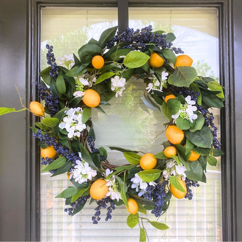 HANDMADE Lemon Wreath with Greenery & Berries |Spring Summer Door Wreath Decor